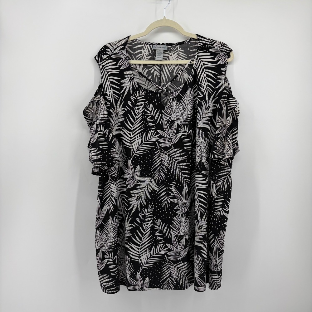 Catherines Womens 3X Black Tropical Palm Cold Shoulder Strappy Keyhole Tunic Top